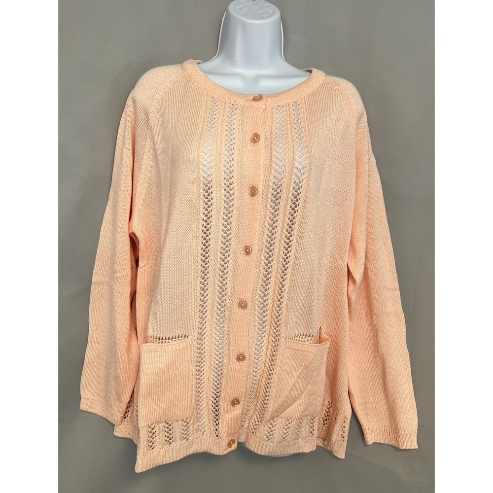 National Button Front Knit Cardigan Womens Plus 1X Peach Front Pockets New